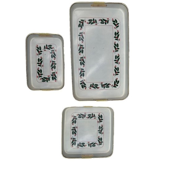 Vintage Stackable MCM 3pc  Christmas Holiday’s lacquer ware serving trays Japan - Picture 2 of 11